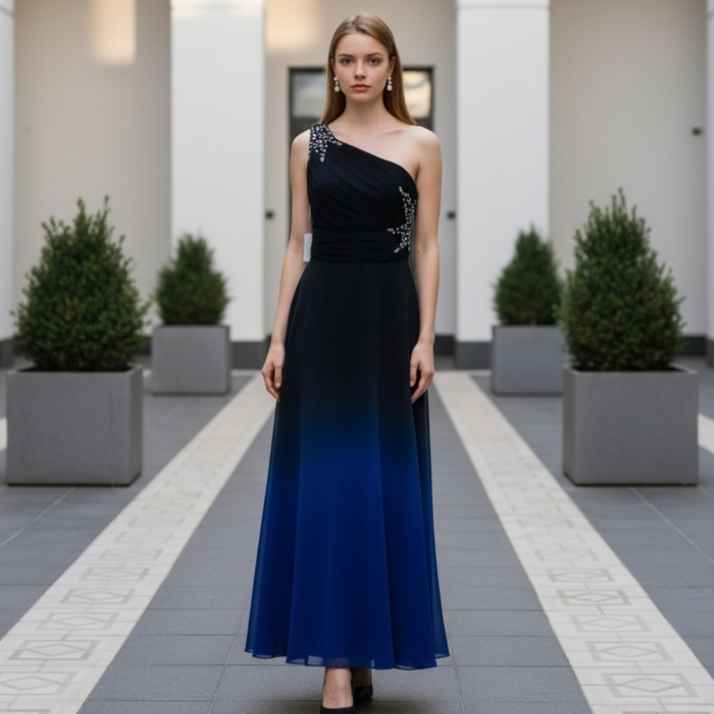 Elegant Ombré One-Shoulder Evening Gown with Crystal Embellishments